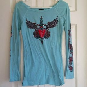 Wet seal long sleeve wide neck top made in Mexico blue heart pattern size S